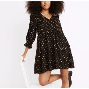 MADEWELL Lucie V-Neck Smocked Mini Dress Oval Dot Black XS
